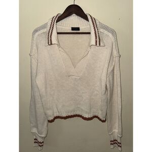 MIOU MUSE Collared Knit Sweater Cream Red Stripe Split V-Neck Crop Top Small